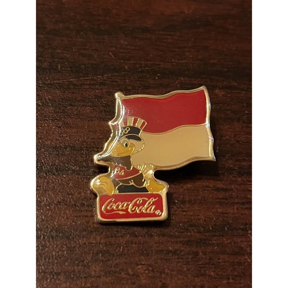 Vintage 1984 Los Angeles Olympics Coca Cola Sam Eagle Monaco Flag Lapel Pin